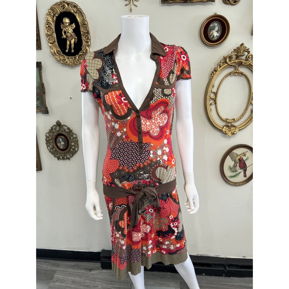 Promod Vintage Y2K Multi-Color Floral Print Polo Midi Dress Size